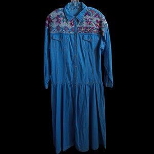 Vintage Women's Dress 16 Tall Together Denim Maxi Knit Yoke Cottage Rancher Wife